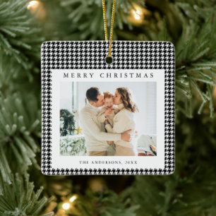 Houndstooth Schwarz-Weiß-Weihnachtsfoto Keramikornament