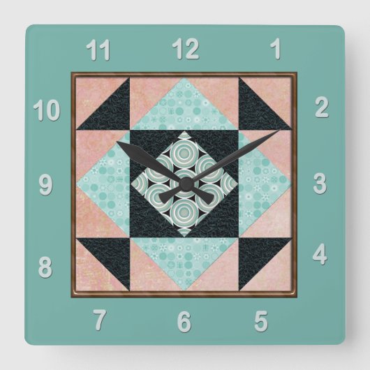 Hourglass Patch Quilblock Turquoise & Peach Quadratische Wanduhr (Vorderseite)