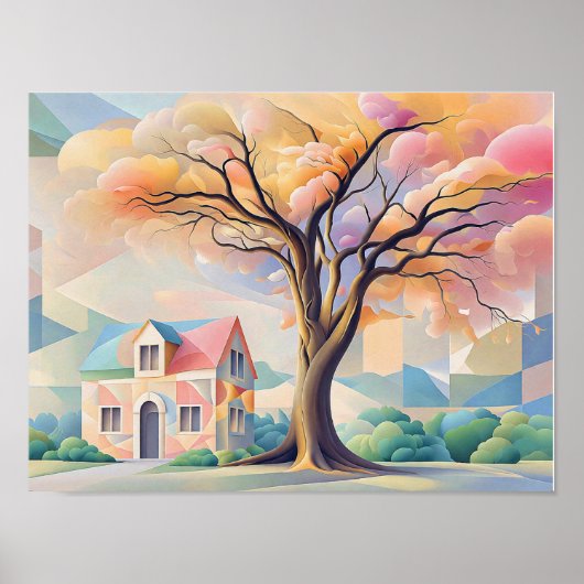 House and Tree in Art Deco Pastels Poster (Vorne)
