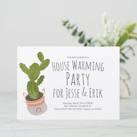 House Erwärmung Party Kaktus Pflanze Pot Hand Draw Einladung (Stehend Vorderseite)