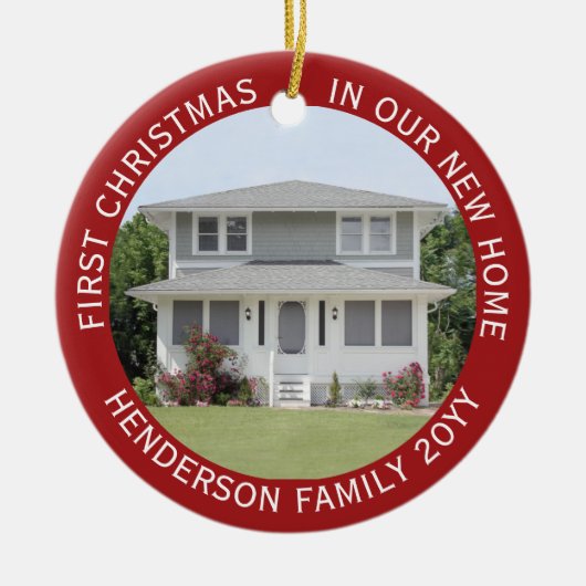 House Fotos First Xmas Neuer Zuhause Name & Year R Keramik Ornament (Vorne)