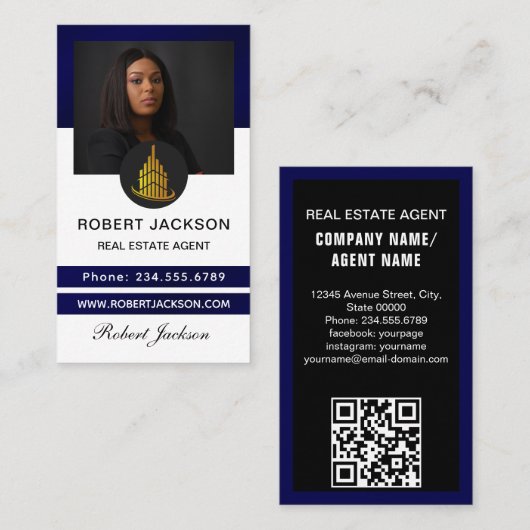 House-Logo Real Anwesen Blue & Gold Realtor Foto Visitenkarte (Vorne/Hinten)