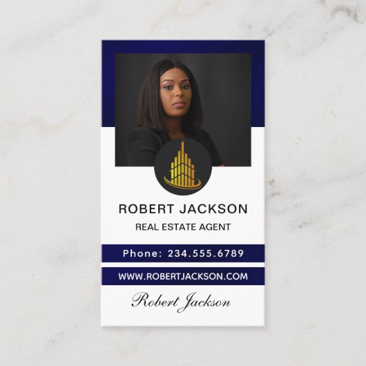 House-Logo Real Anwesen Blue & Gold Realtor Foto Visitenkarte (Vorderseite)