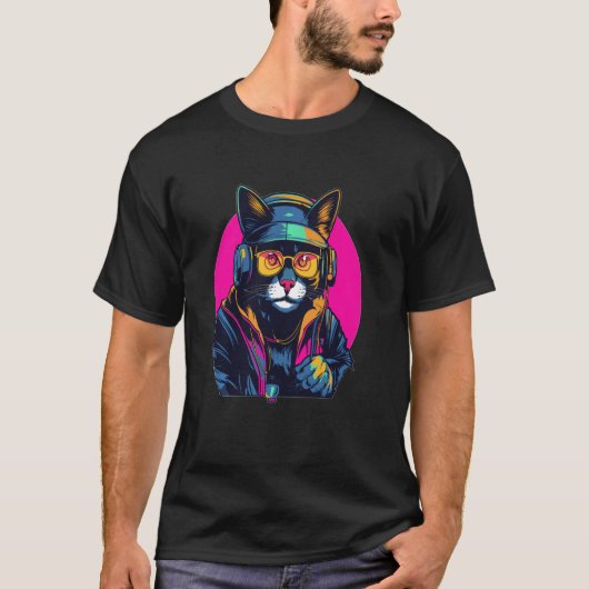 House Music Lover Cyberpunk Cat DJ Musik Festival T-Shirt (Vorderseite)