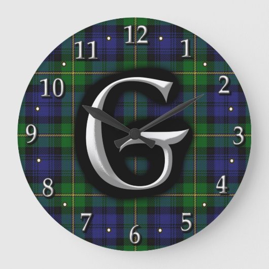House of Gordon Letter G Monogram Clan Tartan Große Wanduhr (Vorderseite)
