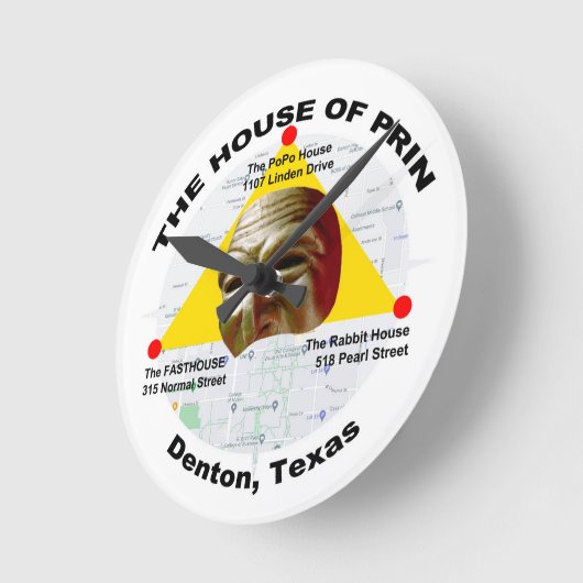 House of Prin Fasthouse Rabbits PoPo Denton Texas Runde Wanduhr (Winkel)