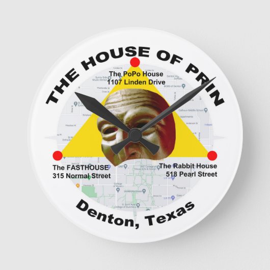 House of Prin Fasthouse Rabbits PoPo Denton Texas Runde Wanduhr (Vorderseite)