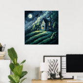 House on Moonlit Hill - Impressionismus Poster (Heimbüro)
