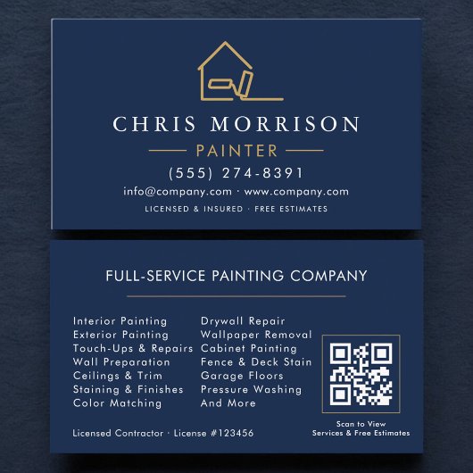 House Painter Navy Blue Gold QR Code Visitenkarte