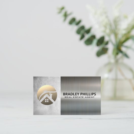 House Roof Sun Shine Logo | Metallic Visitenkarte (Stehend Vorderseite)