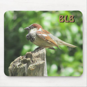 House Sparrow profile on stump with your initials Mousepad