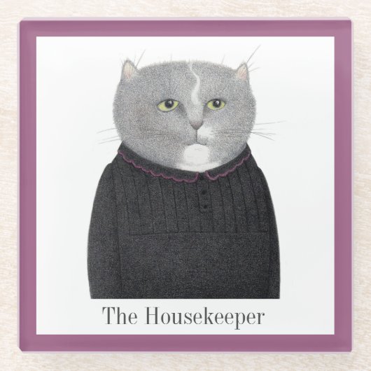 HOUSEKEEPER CAT Glass Drink Untersetzer + Text (Vorderseite)