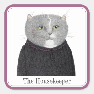 HOUSEKEEPER CAT Large Square Stickers + Text