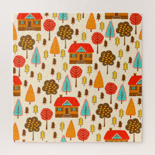 Houses Forest Vintag Nahtlos Muster Puzzle