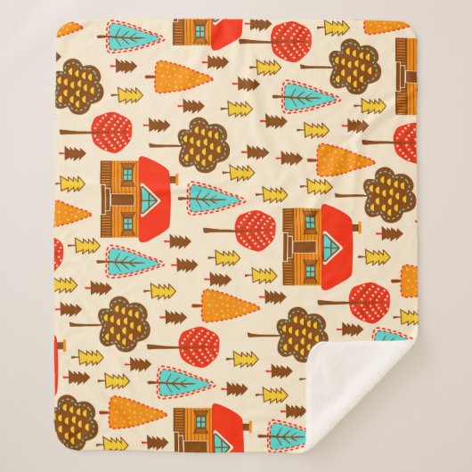 Houses Forest Vintag Nahtlos Muster Sherpadecke (Vorderseite)