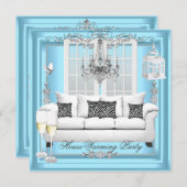 HouseWarming Aquamarin Blauer Champagner Kronleuch Einladung (Vorne/Hinten)