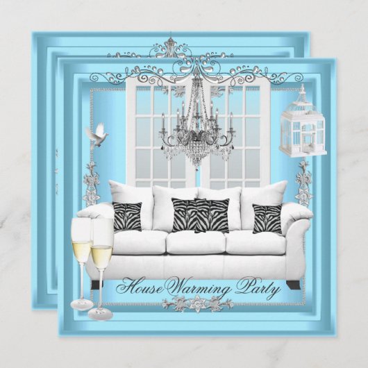 HouseWarming Aquamarin Blauer Champagner Kronleuch Einladung (Vorne/Hinten)