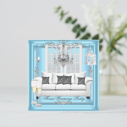 HouseWarming Aquamarin Blauer Champagner Kronleuch Einladung (Stehend Vorderseite)