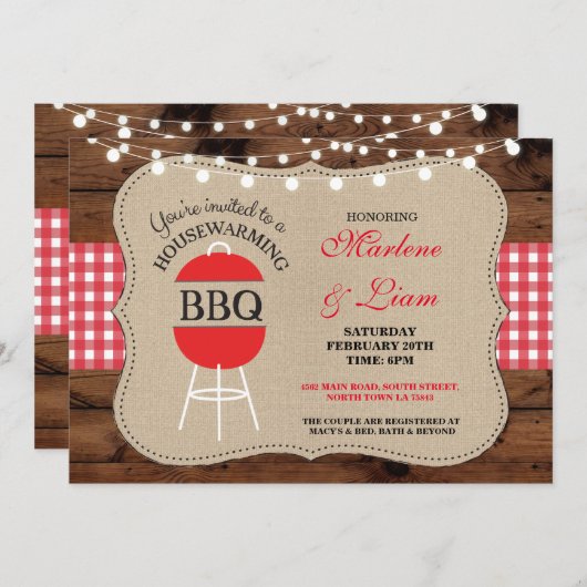 Housewarming GRILLEN rote rustikale neue Einladung (Vorne/Hinten)
