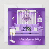HouseWarming Lila Champagne Kronleuchter Sofa Einladung (Vorderseite)