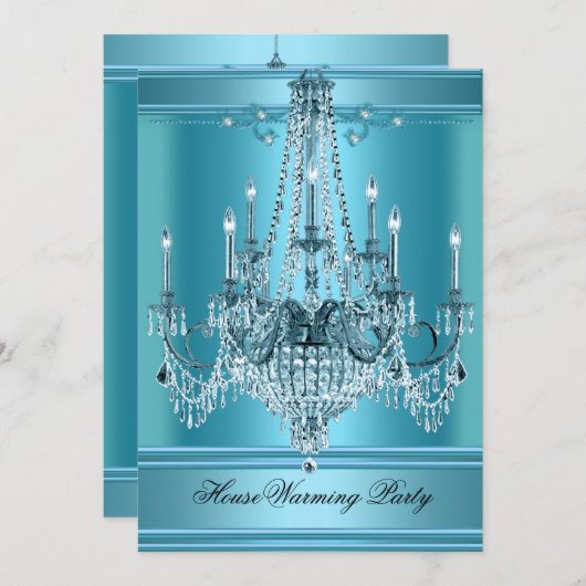 HouseWarming Party Chandelier Rich Aquamarin Blue Einladung (Vorne/Hinten)