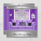 HouseWarming Party Kronier Lila Sofa Silber Einladung (Vorne/Hinten)