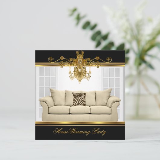 HouseWarming Party Kronier Rich Gold Black Einladung (Stehend Vorderseite)