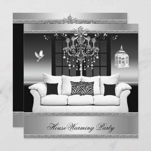 HouseWarming Party Kronier Rich Silver Black Einladung (Vorne/Hinten)