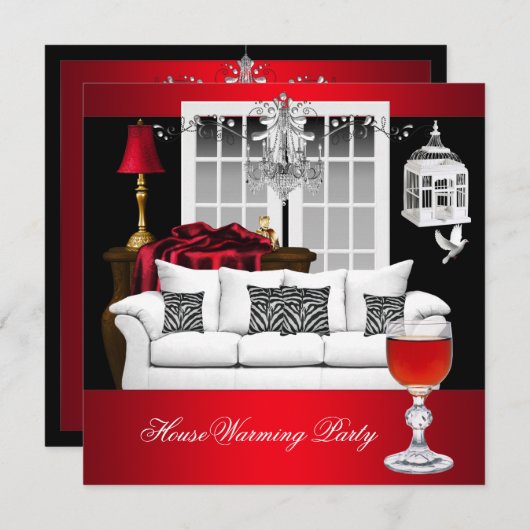 HouseWarming Red White Black Chandelier RED Einladung (Vorne/Hinten)