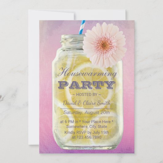 Housewärming Summer Lemonade Mason Jar Wasserfarbe Einladung (Vorderseite)