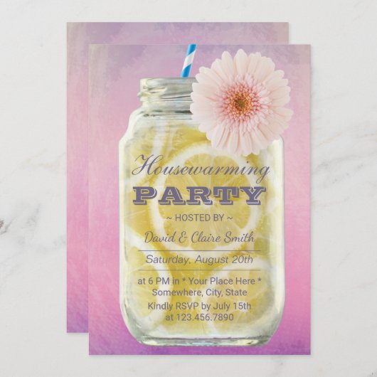 Housewärming Summer Lemonade Mason Jar Wasserfarbe Einladung (Vorne/Hinten)