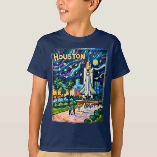 Houston Skyline Space Center Rocket Van Gogh Kids T-Shirt (Vorderseite)