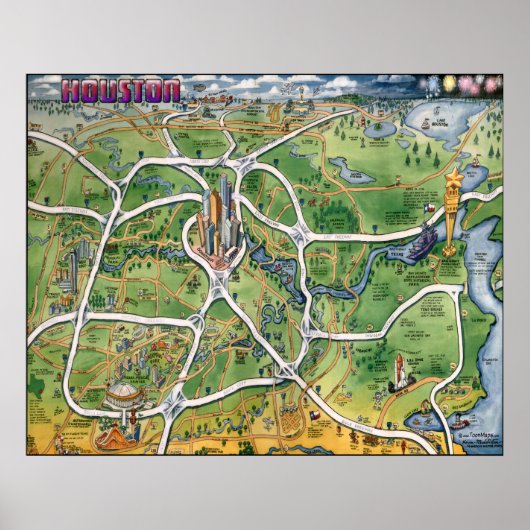 Houston Texas Cartoon Map Poster (Vorne)