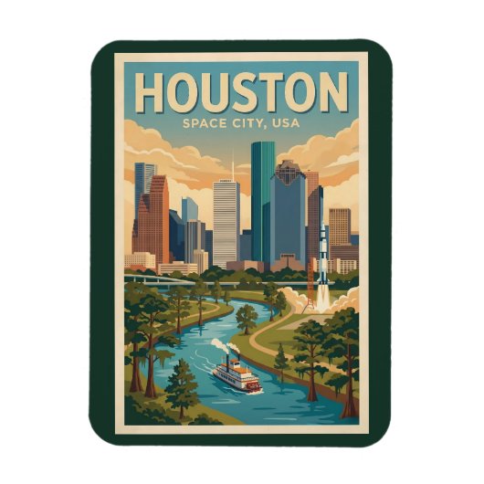 Houston Texas Illustration Travel Art Vintage Magnet (Vertikal)
