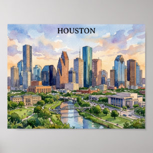 Houston Texas Retro-Wasserfarben-Kunstwerk Poster