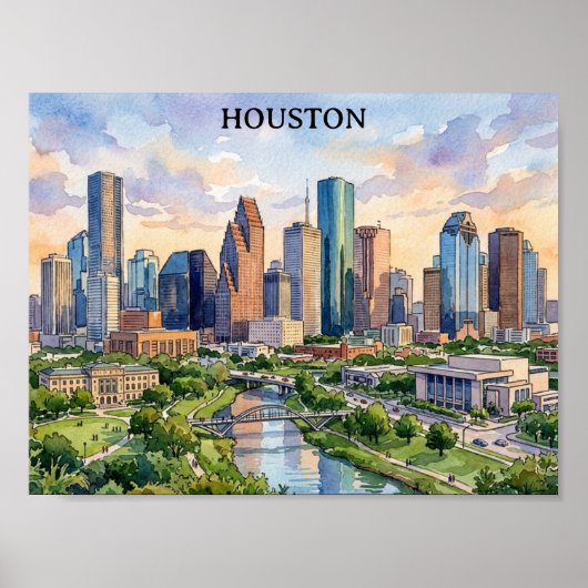 Houston Texas Retro-Wasserfarben-Kunstwerk Poster (Vorne)