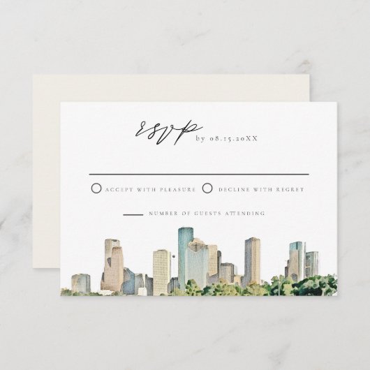 HOUSTON Watercolor Skyline Wedding RSVP Einladung (Vorne/Hinten)
