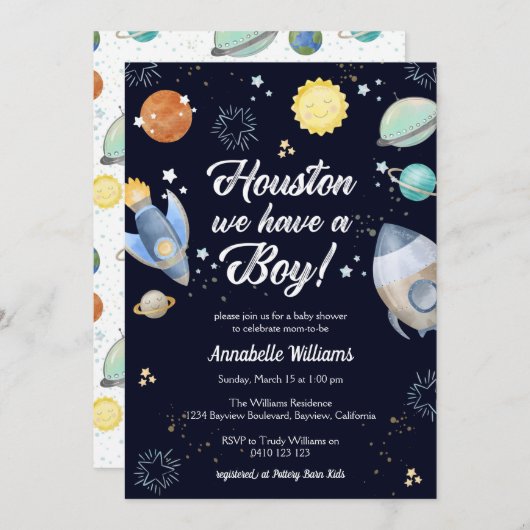 Houston, wir haben eine Babydusche Einladung (Vorne/Hinten)