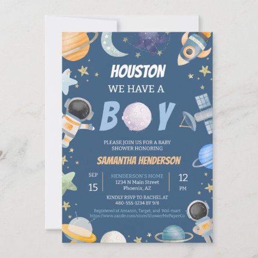 Houston, wir haben eine Boy-Dusche Einladung (Vorderseite)