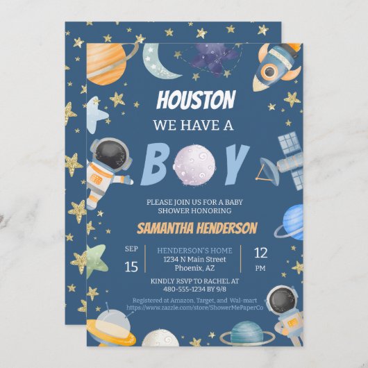 Houston, wir haben eine Boy-Dusche Einladung (Vorne/Hinten)