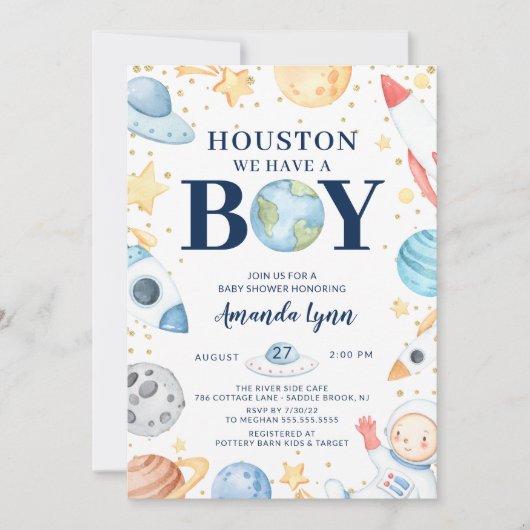 Houston, wir haben eine Junge Außenraumdusche Invi Einladung (Vorderseite)