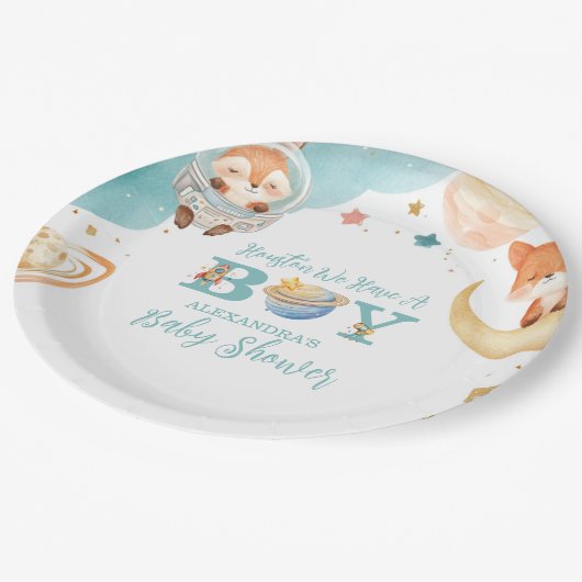 Houston, wir haben eine Junge Außenraumdusche Pappteller (Schrägansicht)