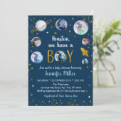 Houston Wir haben eine junge Blue Gold Galaxy Baby Einladung (Stehend Vorderseite)