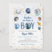 Houston, wir haben eine junge Blue Gold Space Baby Einladung (Vorderseite)