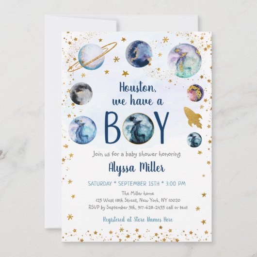 Houston, wir haben eine junge Blue Gold Space Baby Einladung (Vorderseite)