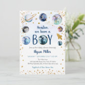 Houston, wir haben eine junge Blue Gold Space Baby Einladung (Stehend Vorderseite)