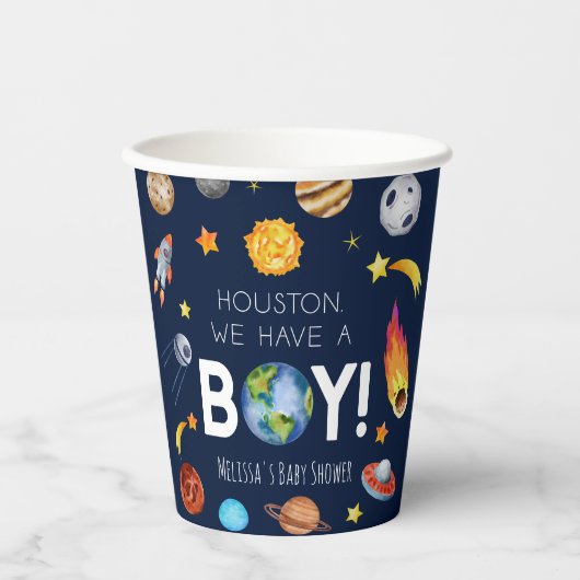 Houston, wir haben eine junge Galaxy Baby-Dusche Pappbecher (Vorderseite)