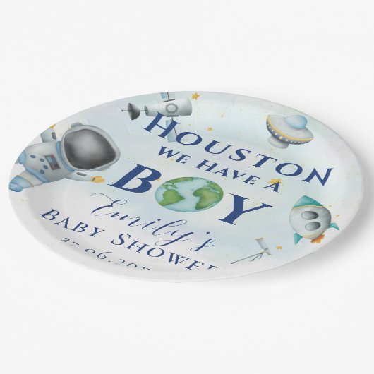 Houston Wir haben einen Baby-Dusche Raumfahrer Pappteller (Schrägansicht)