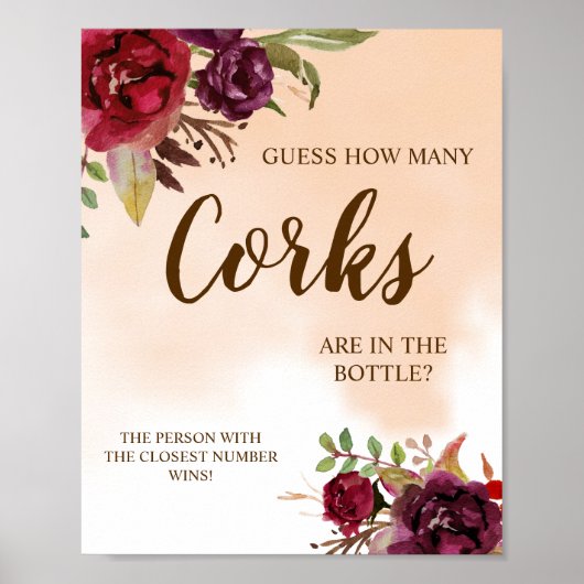 How Many Corks | Burgundy Bridal Shower Game Sign Poster (Vorne)