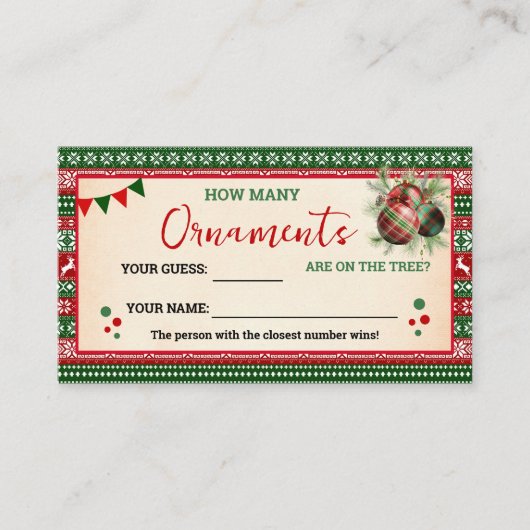 How Many Ornaments Game Ugly Sweater Card Platzkarte (Vorderseite)